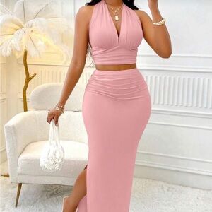 2Pcs Deep V-Neck Backless Tied Cropped Top & Slim Pleated Side Slit Long Skirt